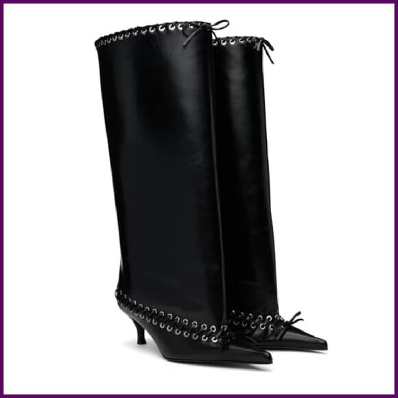 Metal Eyelet Pointed Toe Knee High Boots Wide Calf Kitten Heel Lace Up - Picture 7 of 8